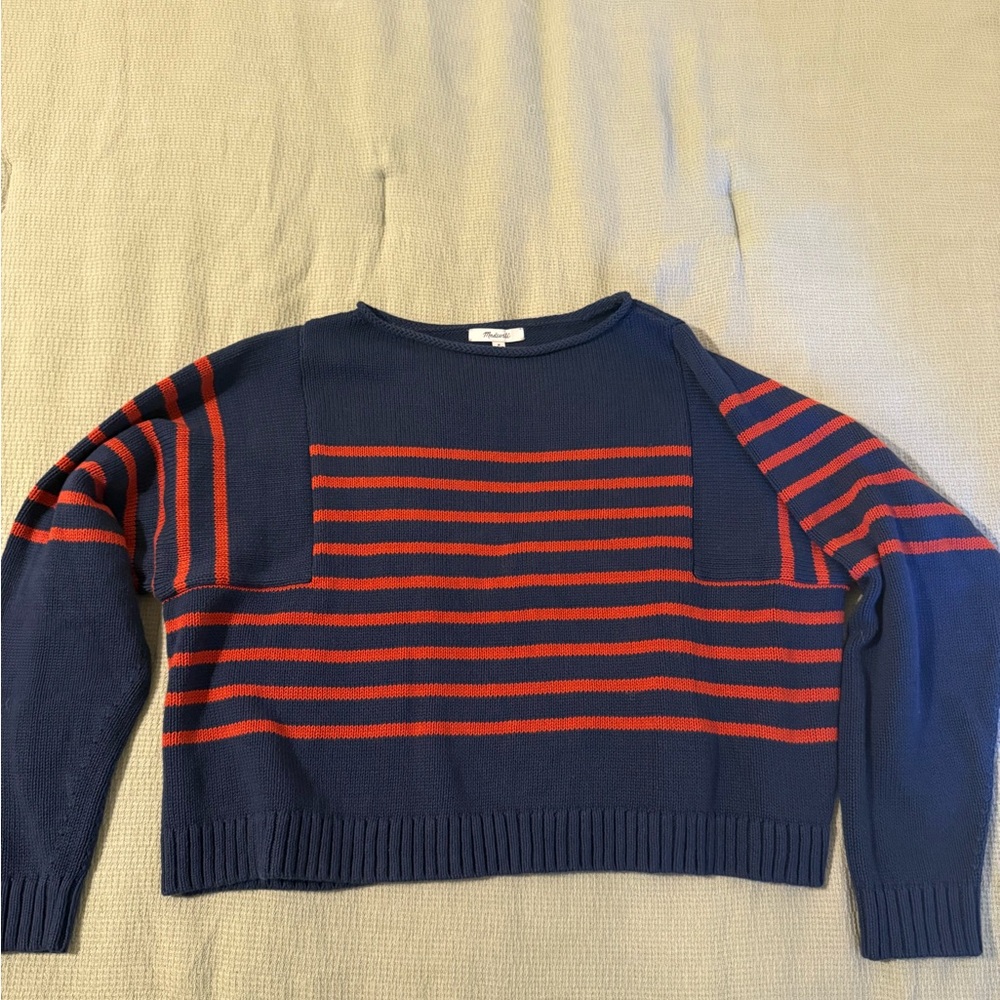 Madewell Navy and orange Striped Crew Neck Sweater